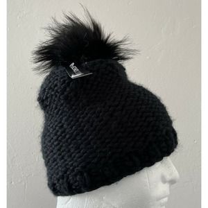 ECHO23NYC Black Chunky Knit Beanie Hat Faux Fur Pom OSFA Stocking Stuffer Gift